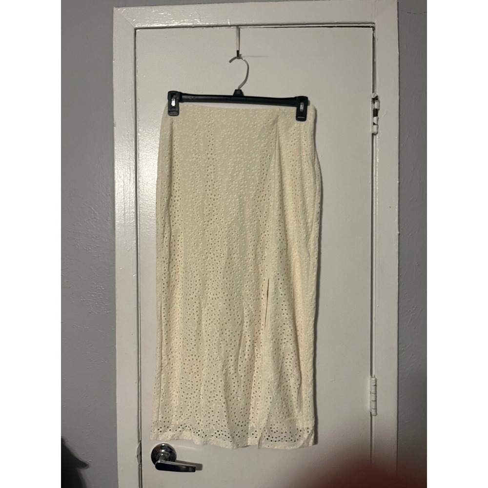 A New Day Cream Eyelet Midi Skirt Front Slit High Waist Size 6 NWT
